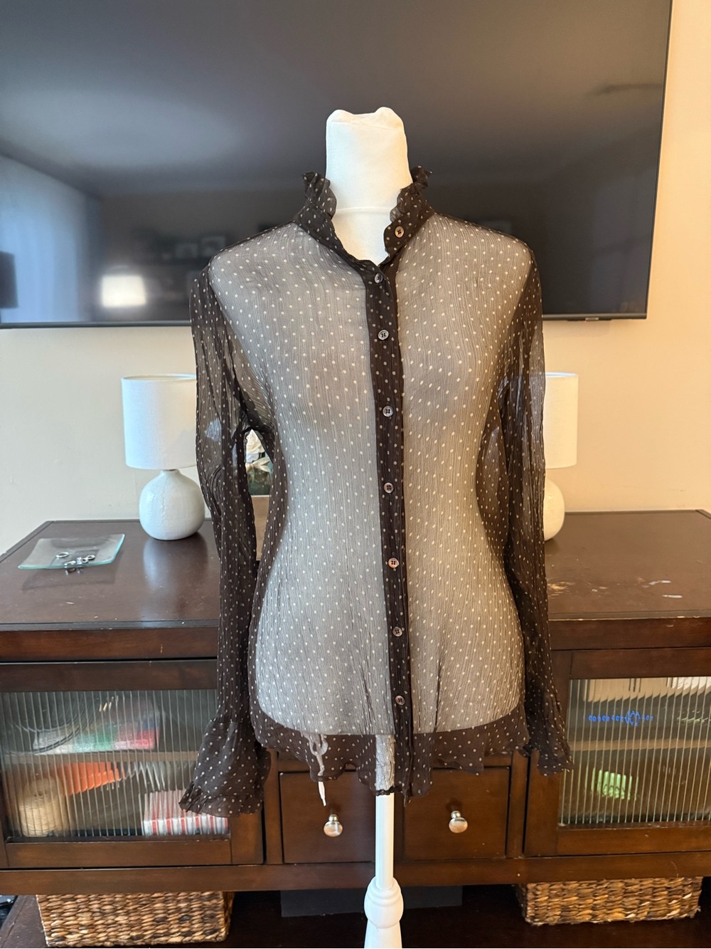 J. Crew Brown Sheer Polka Dot Button-Down Blouse
